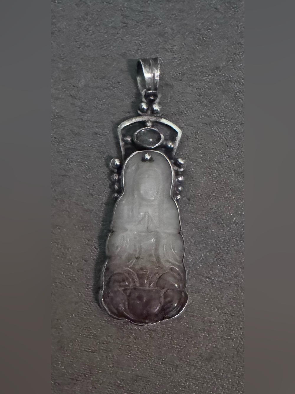 Sterling Silver and Carved Stone of Guanyin -Goddess of Mercy- Pendant